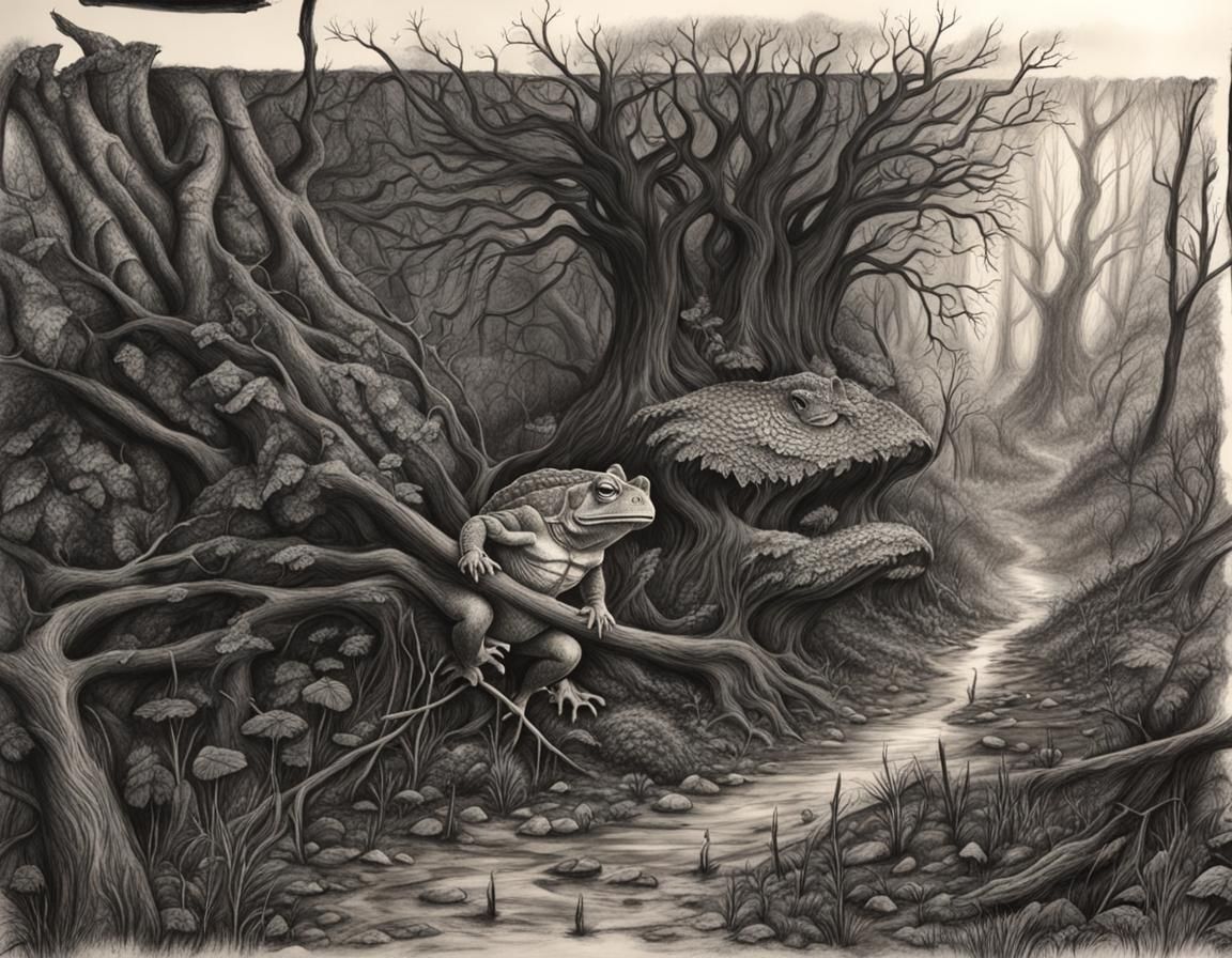 Toad King Enters Dark Forest: Charcoal Drawing
