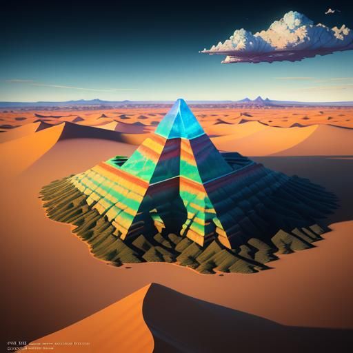 Penrose impossible triangle made of clouds floating over mesas on a vermillion desert studded with golden cactus hyperde...