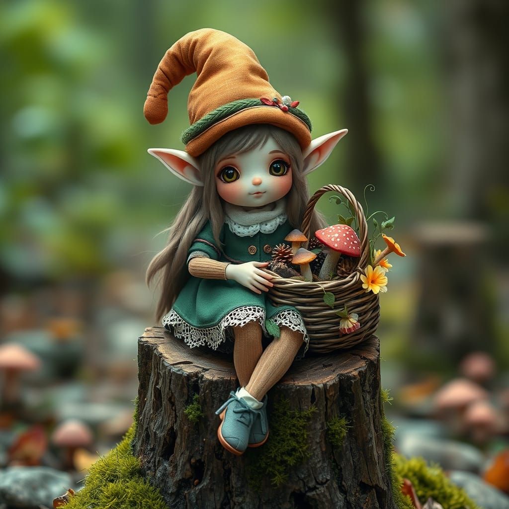 Surreal Elf in Forest with Basket of Cones