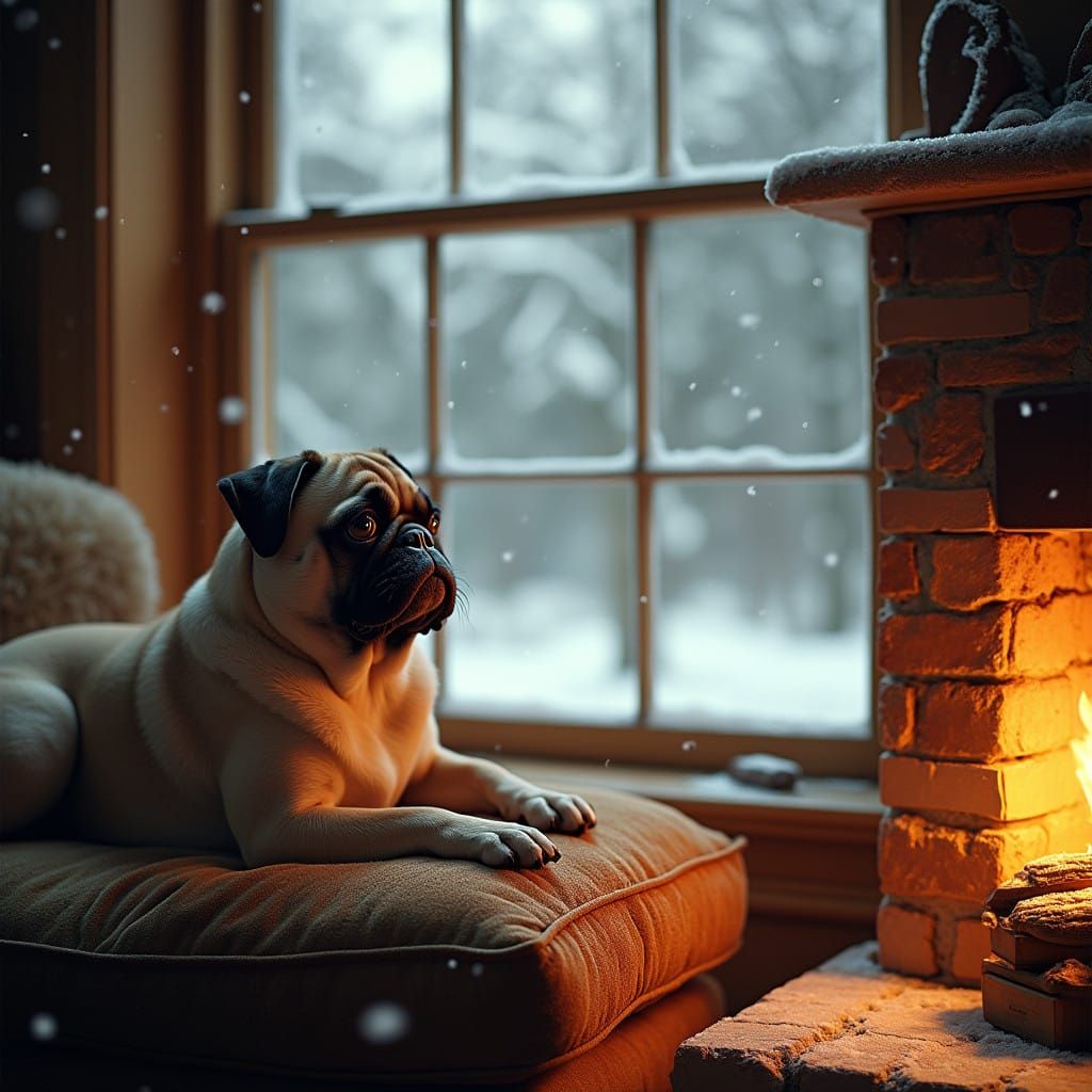Cozy Pug Surrounded by Winter Wonderland