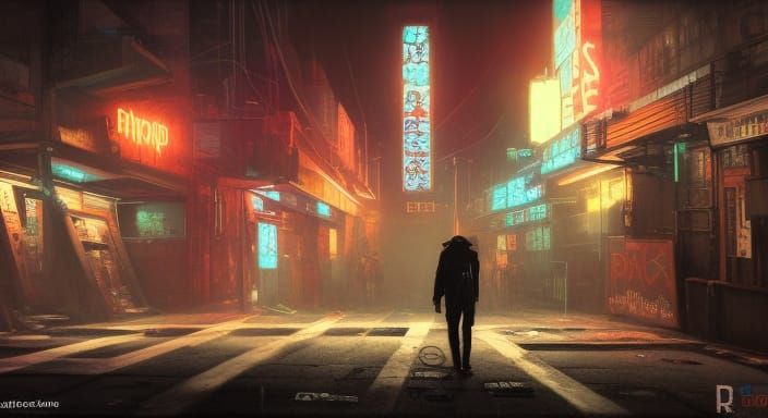 Cyberpunk City Street with Tech Dealer