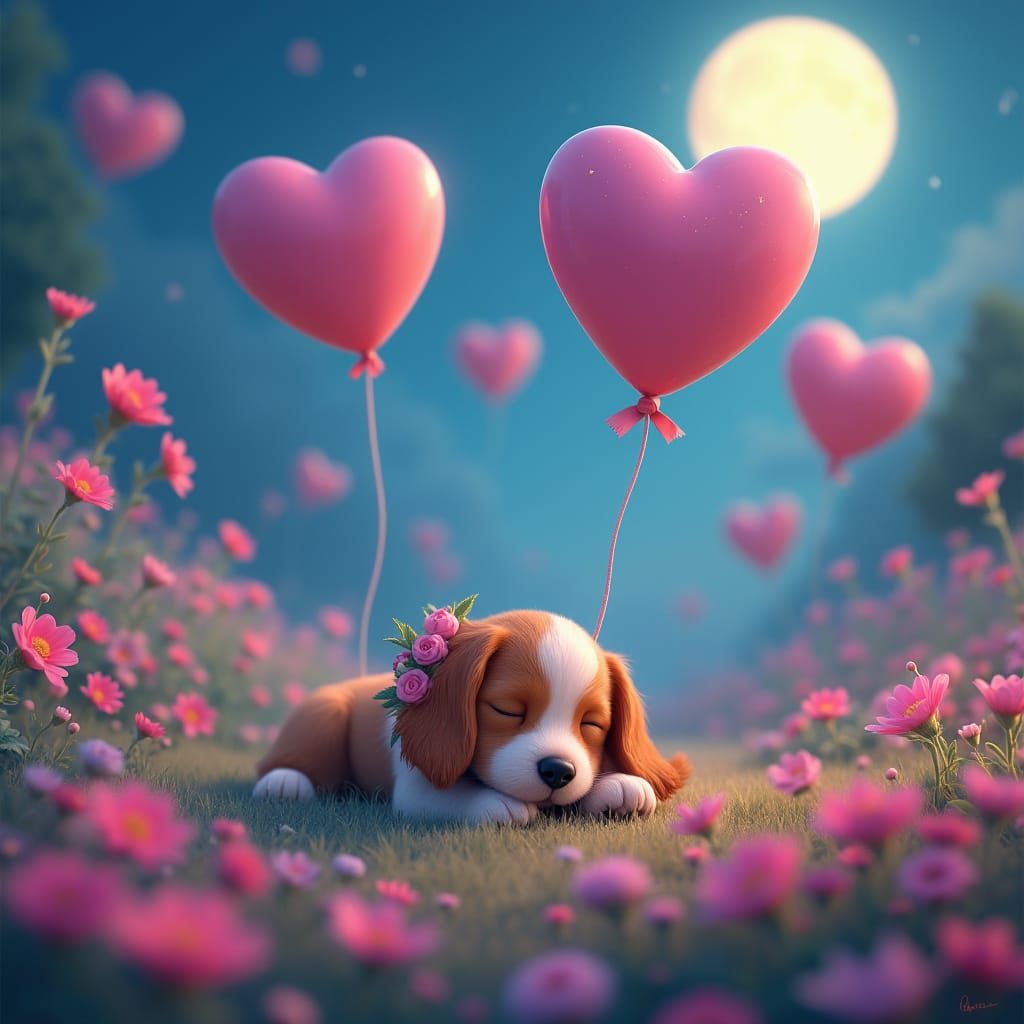Heart Balloons Over Meadow with Sleeping Puppy