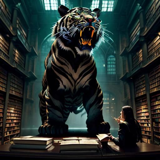 Giant Black Tiger in a Library