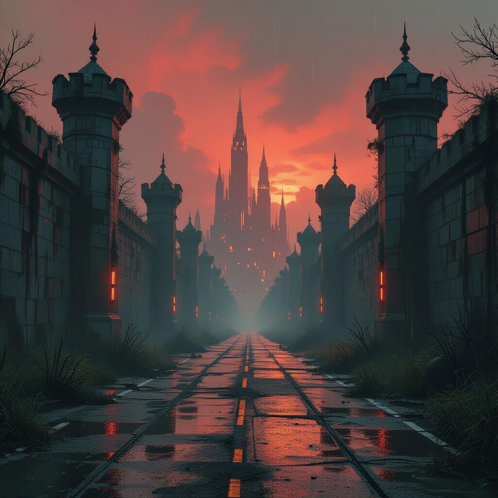 Dystopian Road to Dark Forest in Cyberpunk Style