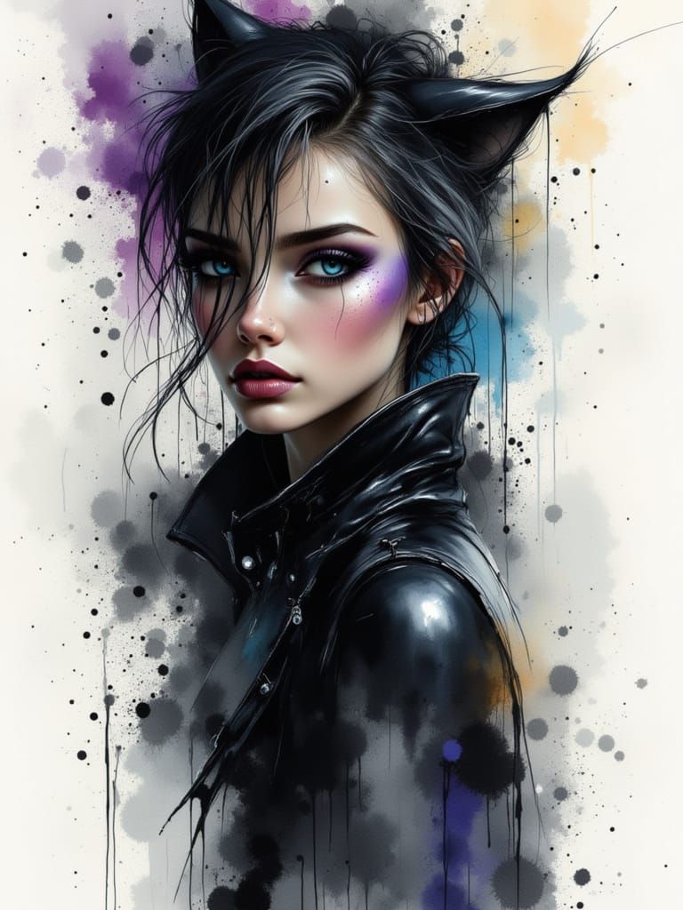 Catwoman's Bohemian Portrait in Watercolor Style