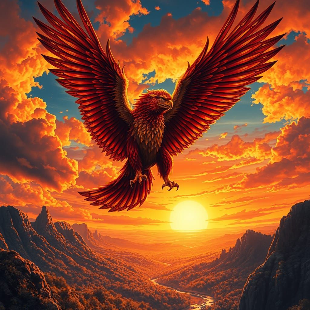 Griffin Soaring Through Sunset Sky in Fantasy Art