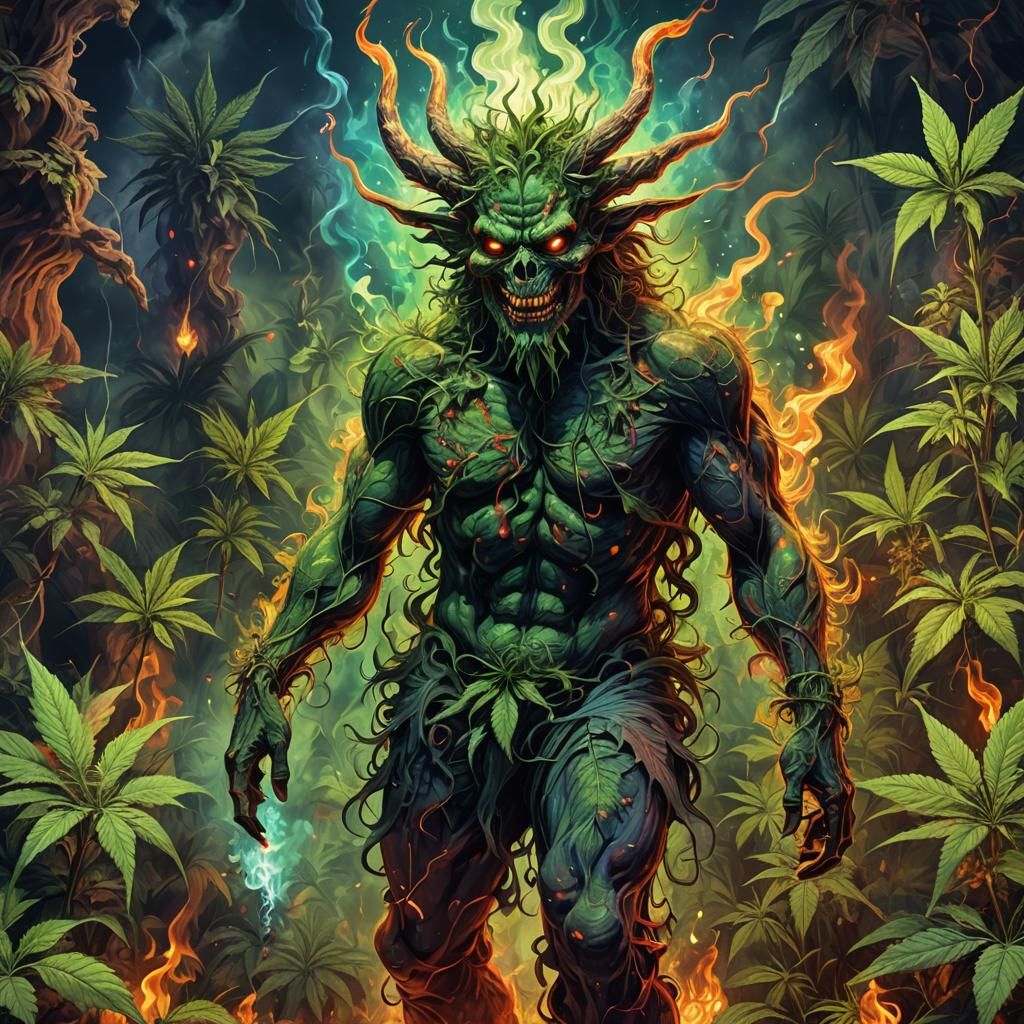 Marijuana Demon in Hell Garden: Cosmic Illustration