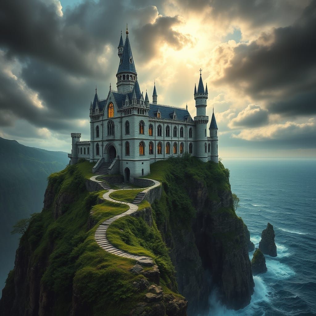 Majestic Fairy-Tale Castle on Stormy Cliff Edge