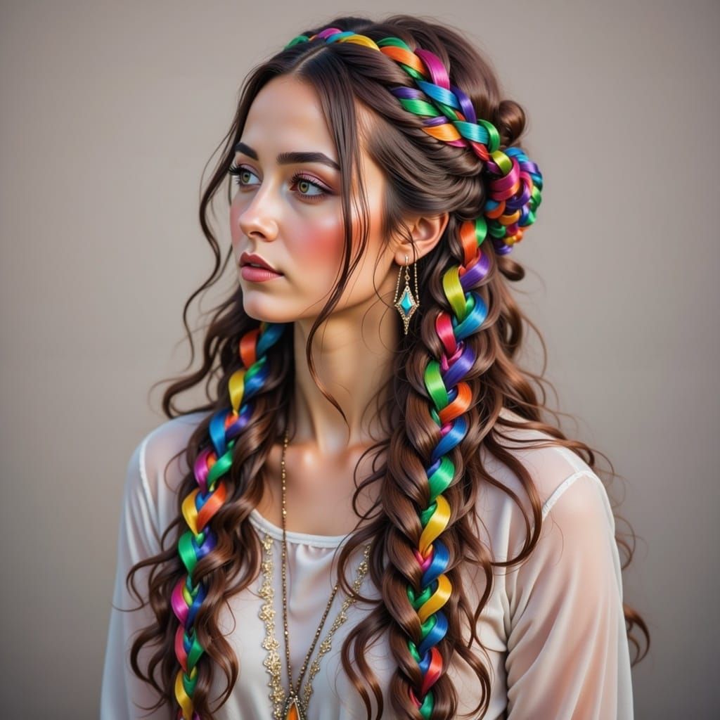 Woman with Braided Hair and Rainbow Ribbons