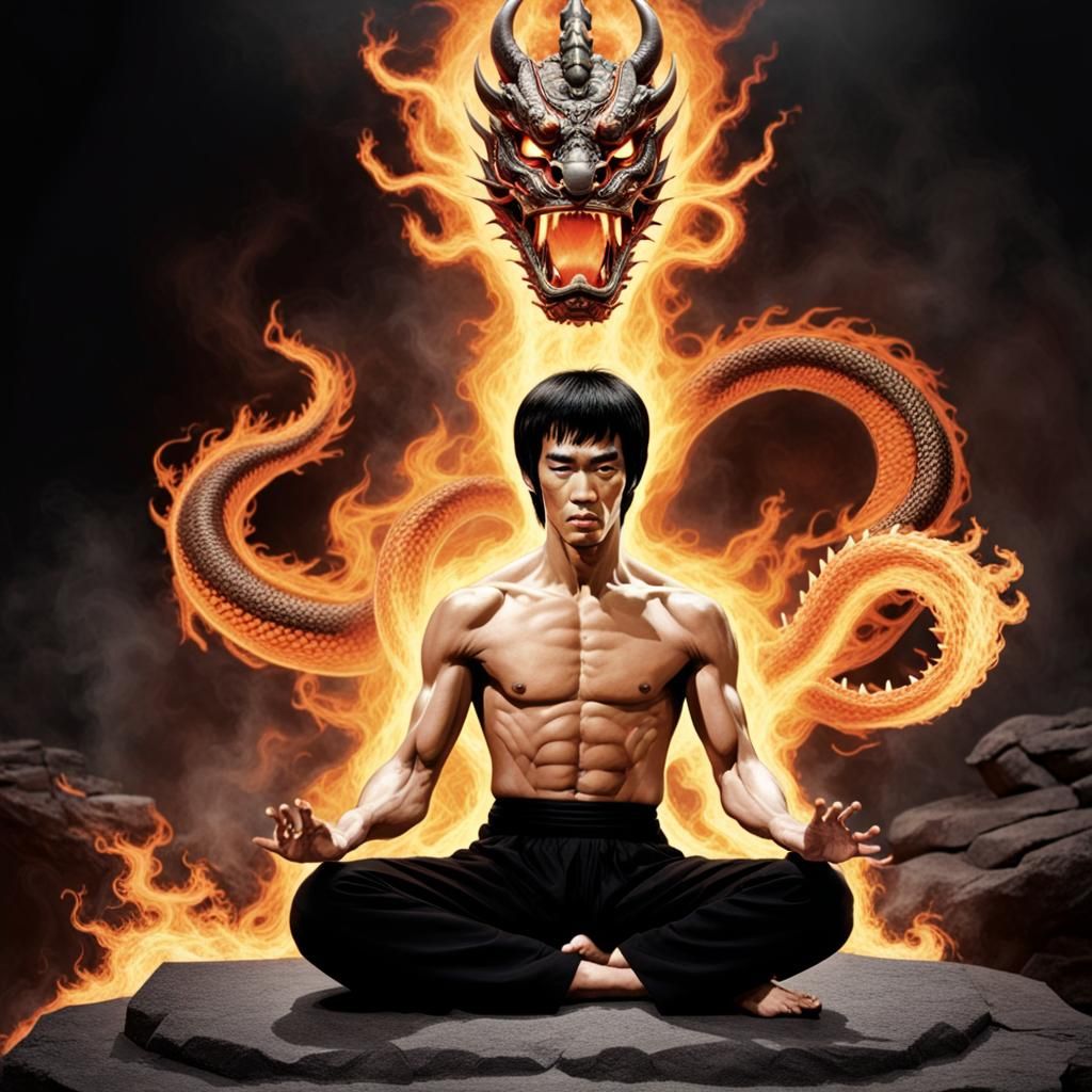 Bruce Lee in Meditation with Fiery Dragon Aura