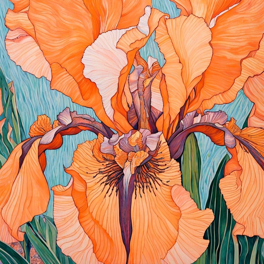Peach Bearded Iris Close-Up Painting