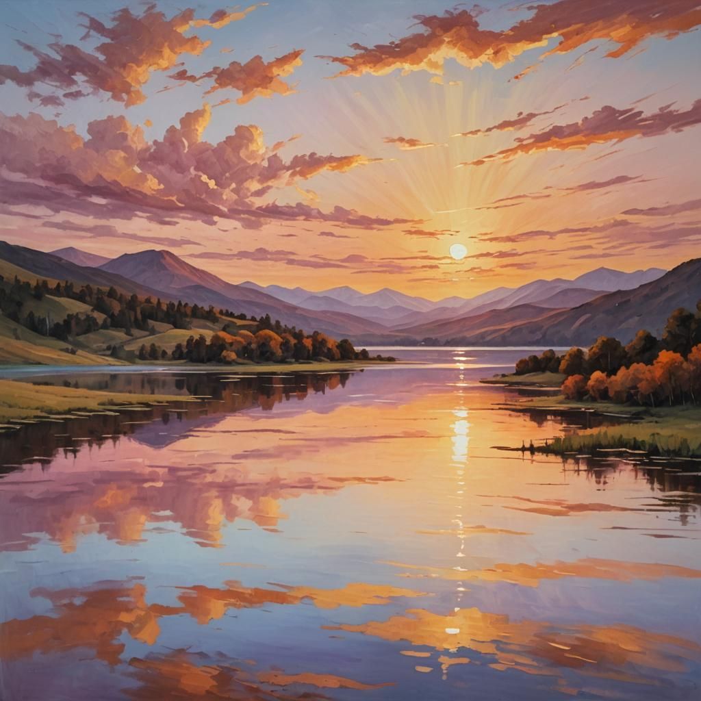Serene Sunset Landscape as Oil Painting