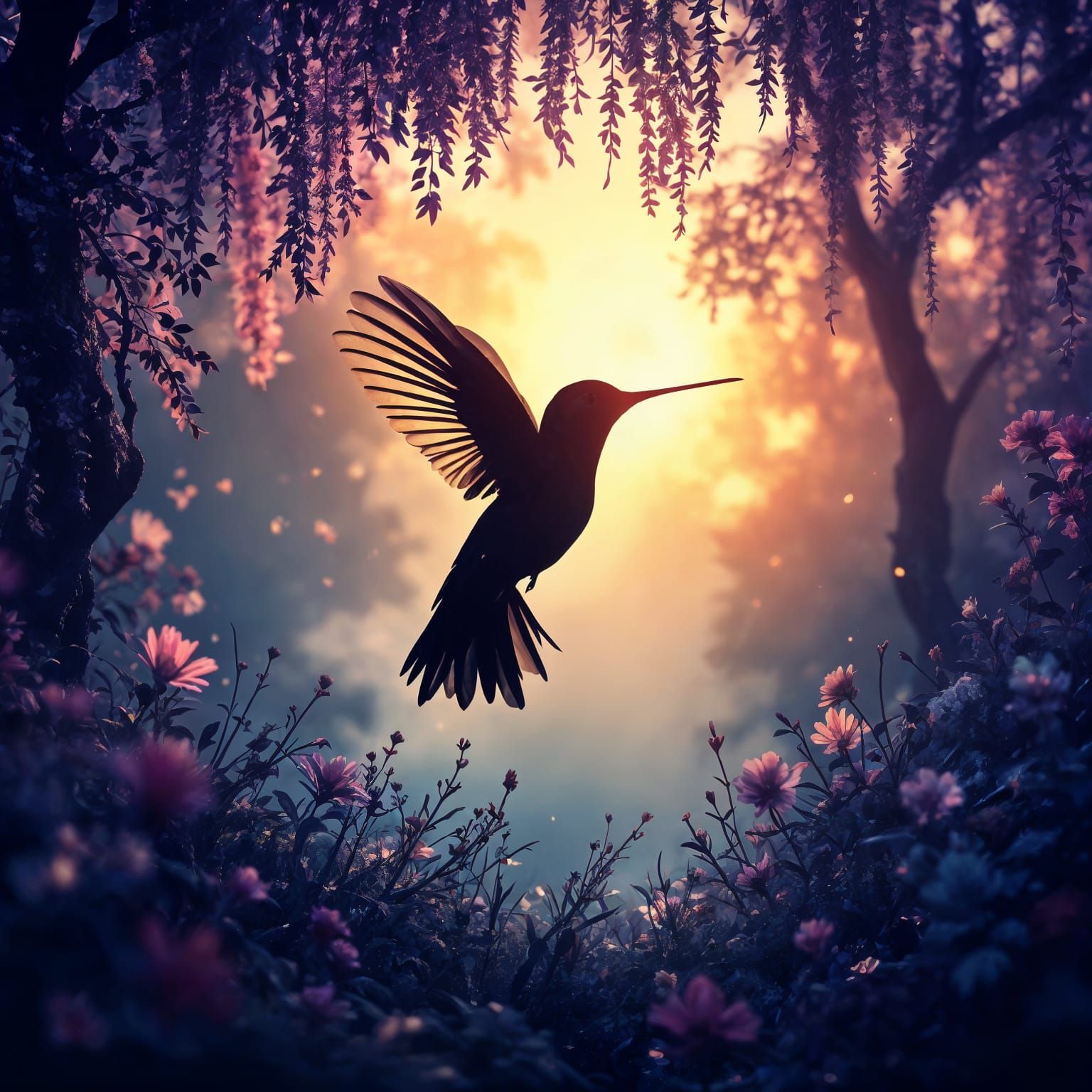 Magical Hummingbird Silhouette in Vibrant Garden Scene
