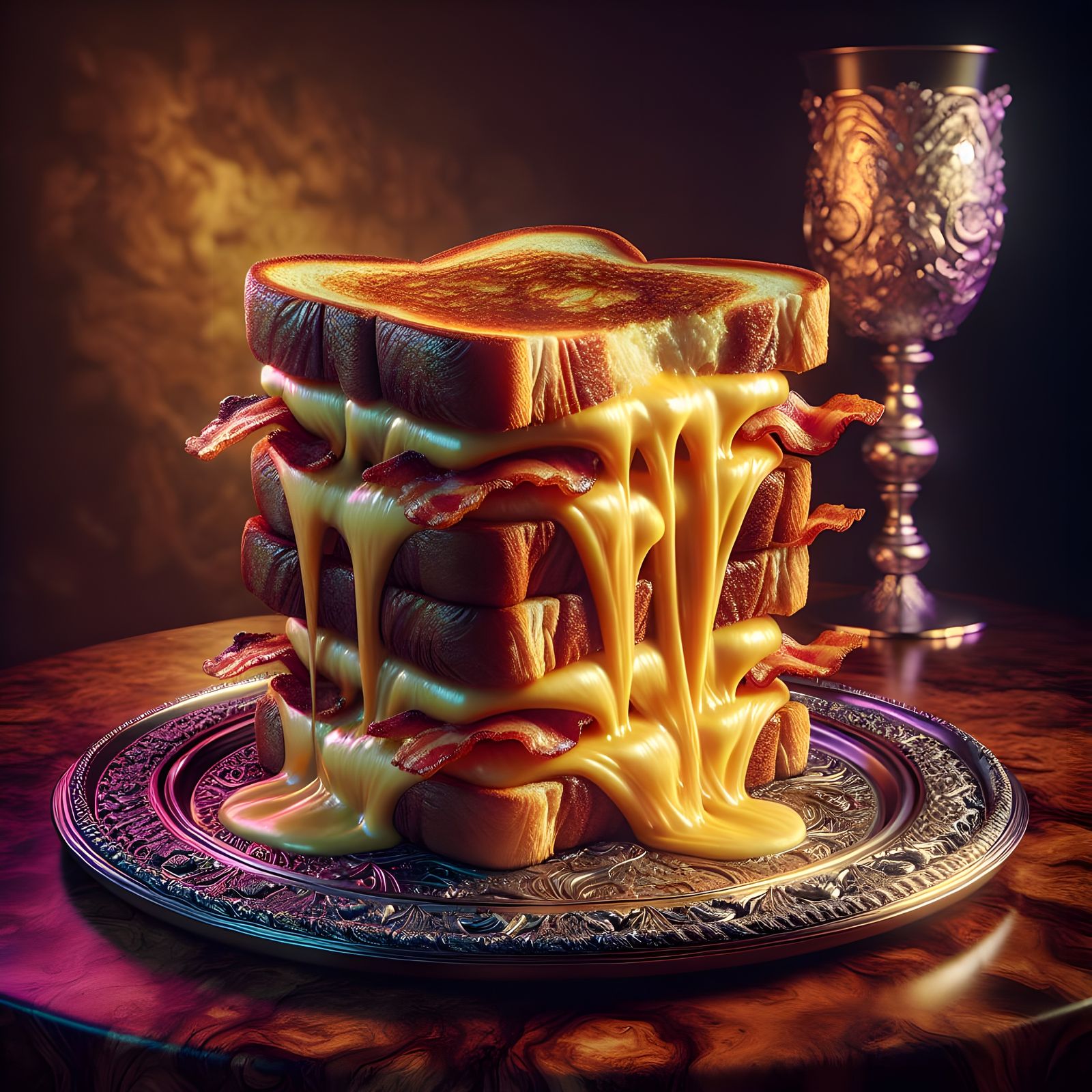 Melted Cheese Sandwich with Bacon and Wine