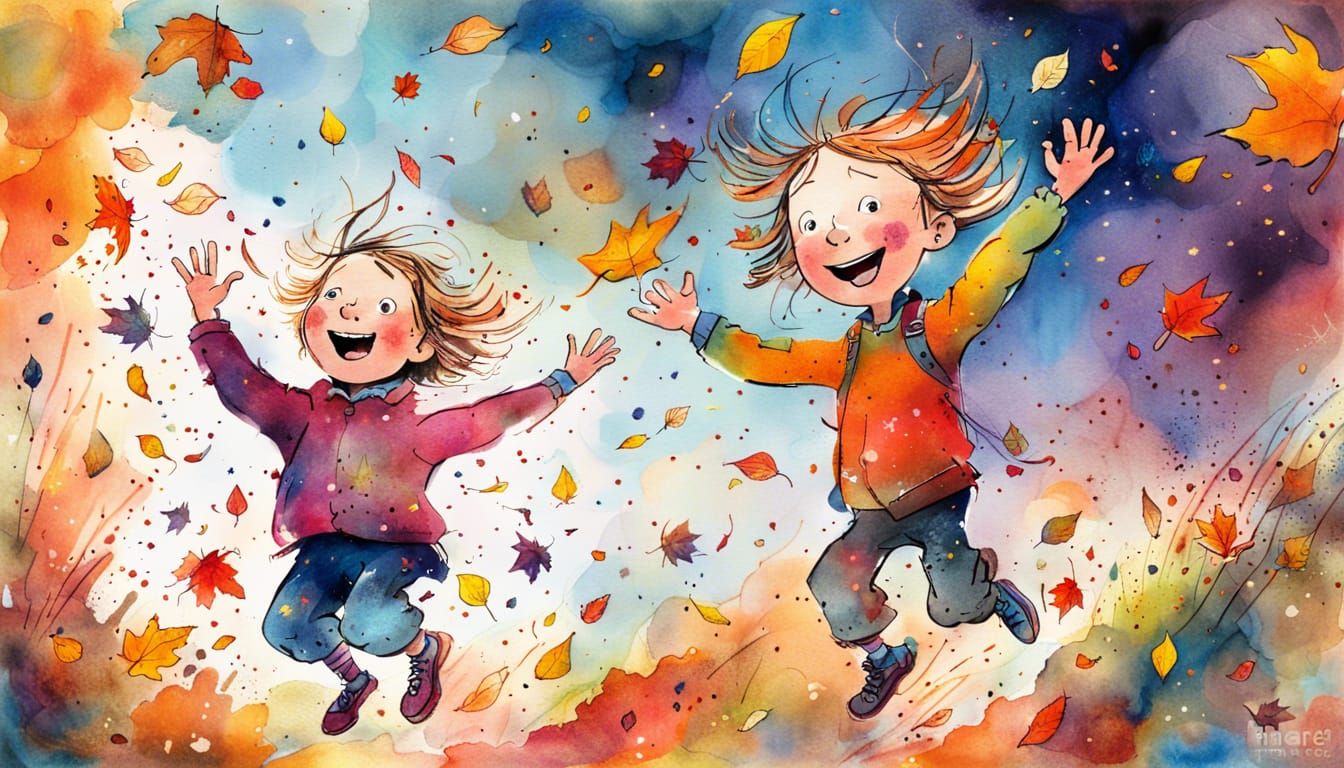 Children Playing in Autumn Leaves: Watercolor Illustration
