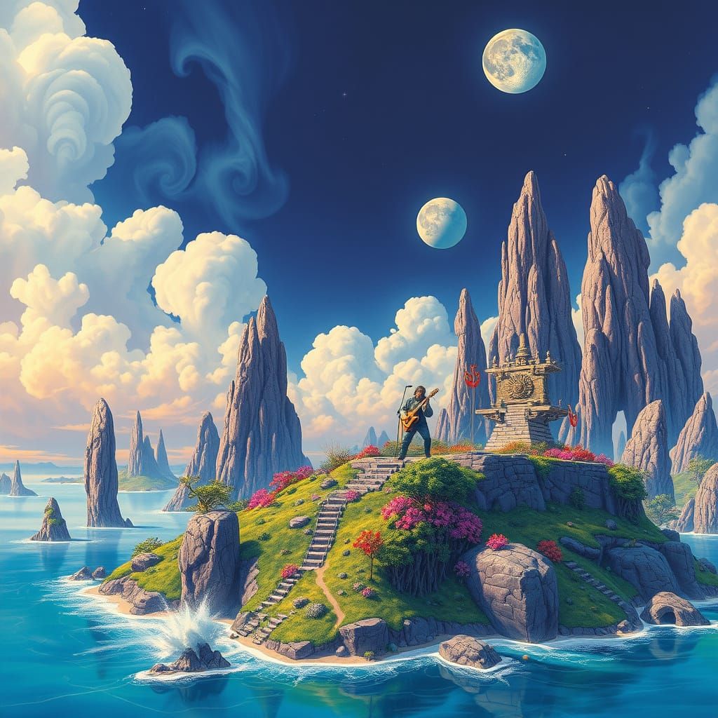 Surrealist Prog Rock Scene on Moebius-Style Island