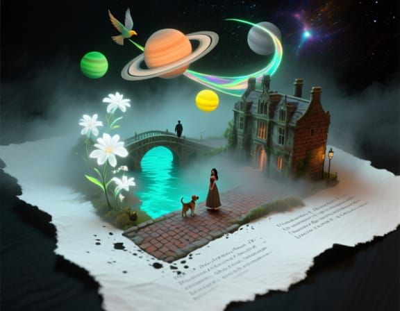 Dark Fantasy Miniature Landscape Emerges from Fog on Poem Pa...