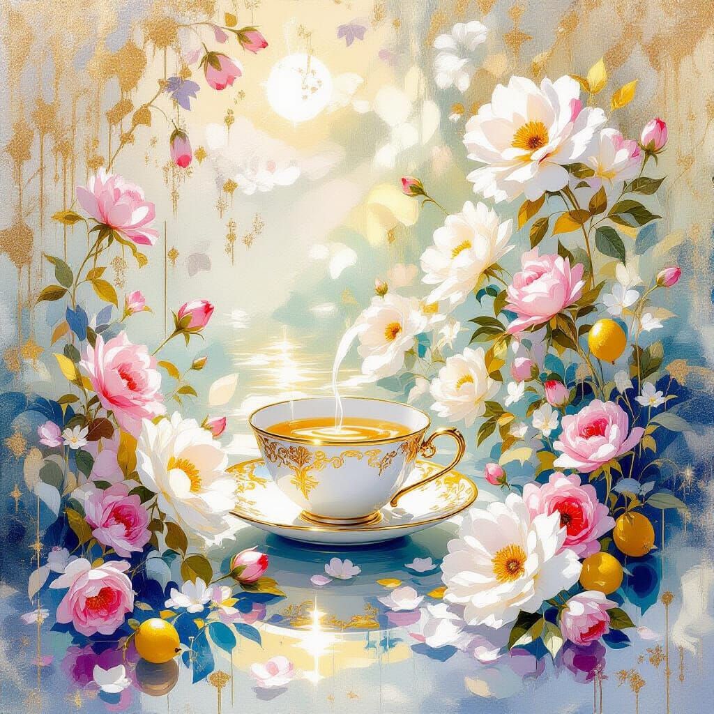 Liquid Gold Pouring with Floral Elegance and Impressionist G...