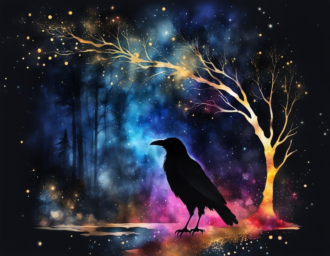 Mystical Raven Silhouette in Moonlit Forest