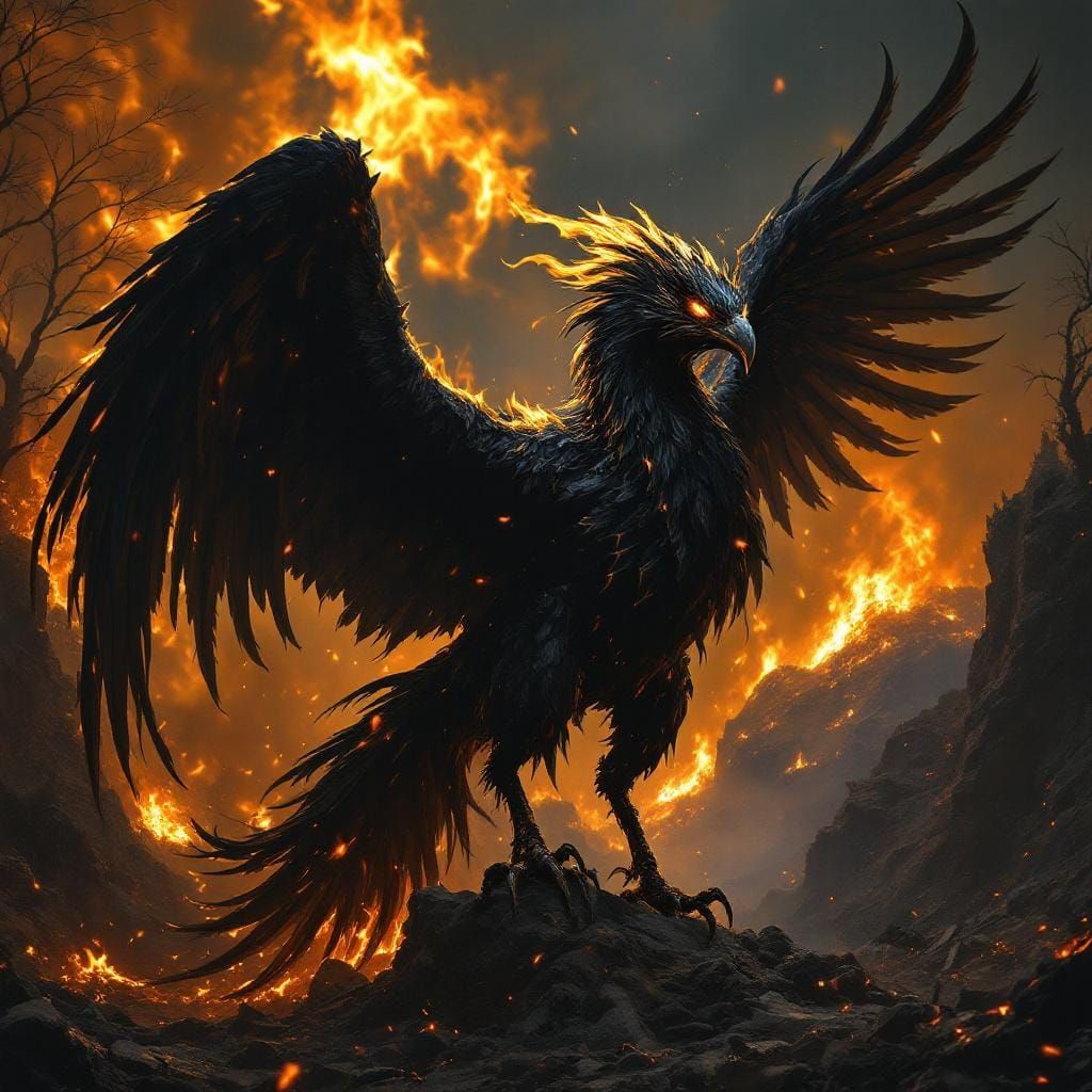 Infernal Black Phoenix in Dark Dystopian Landscape