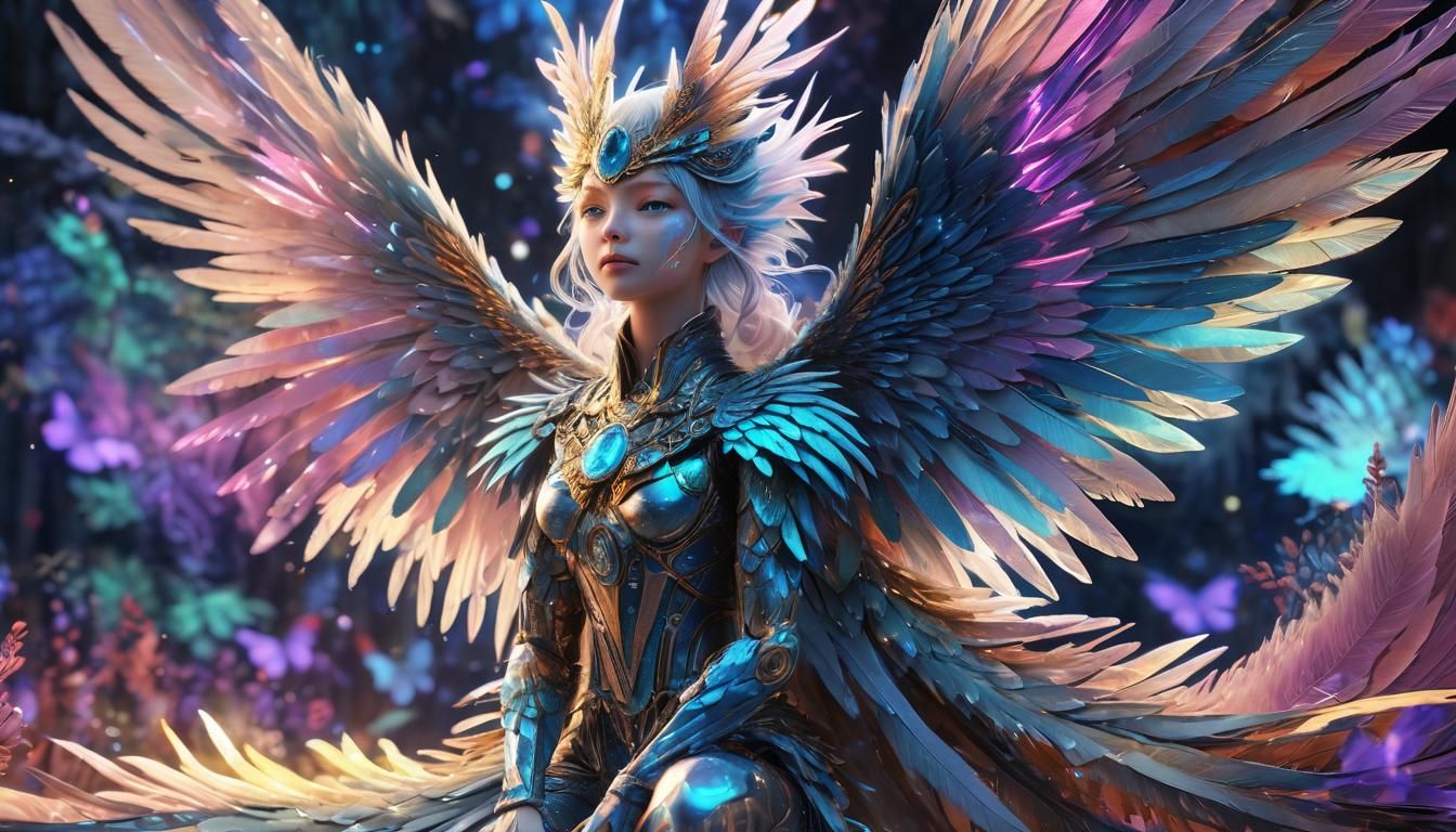 Winged Humanoid with Fluorescent Wings in Anime Style