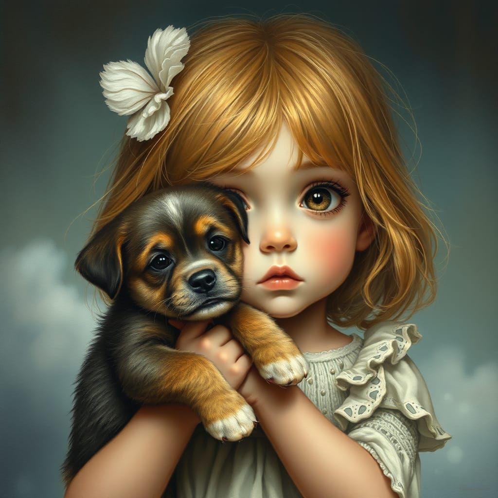 Sad Girl with Puppy in Keane Style