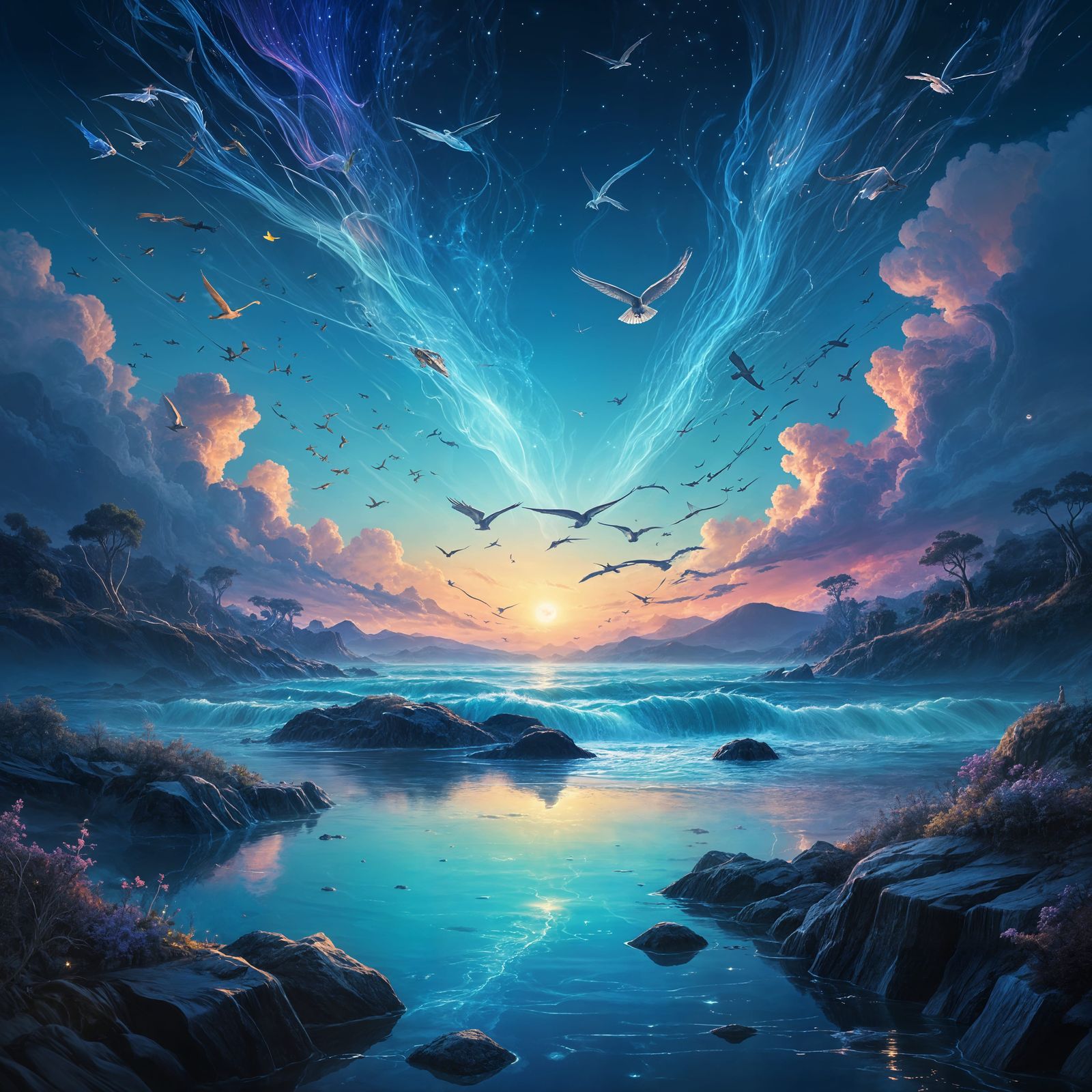 Fantastical World of Flowing Light Sky and Water