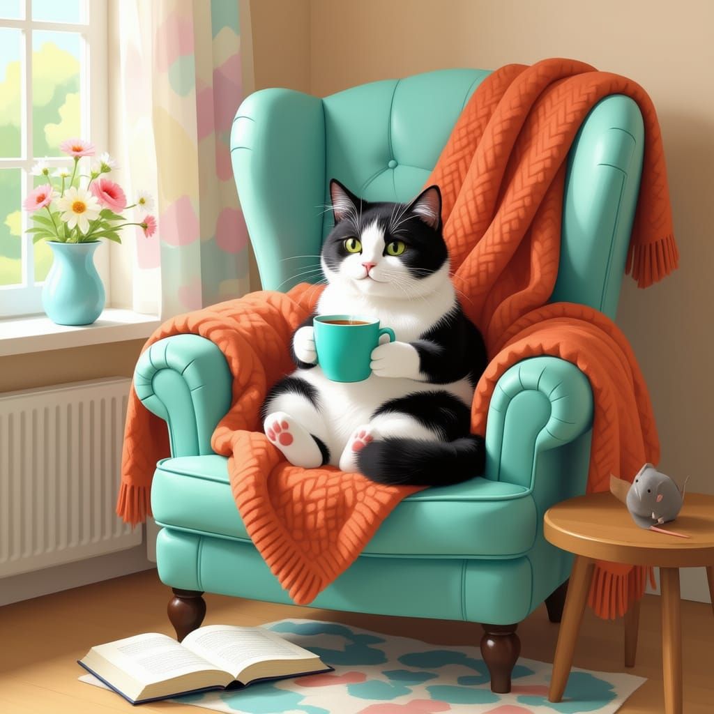 Content Cat in Turquoise Chair with Steaming Mug Watercolor ...