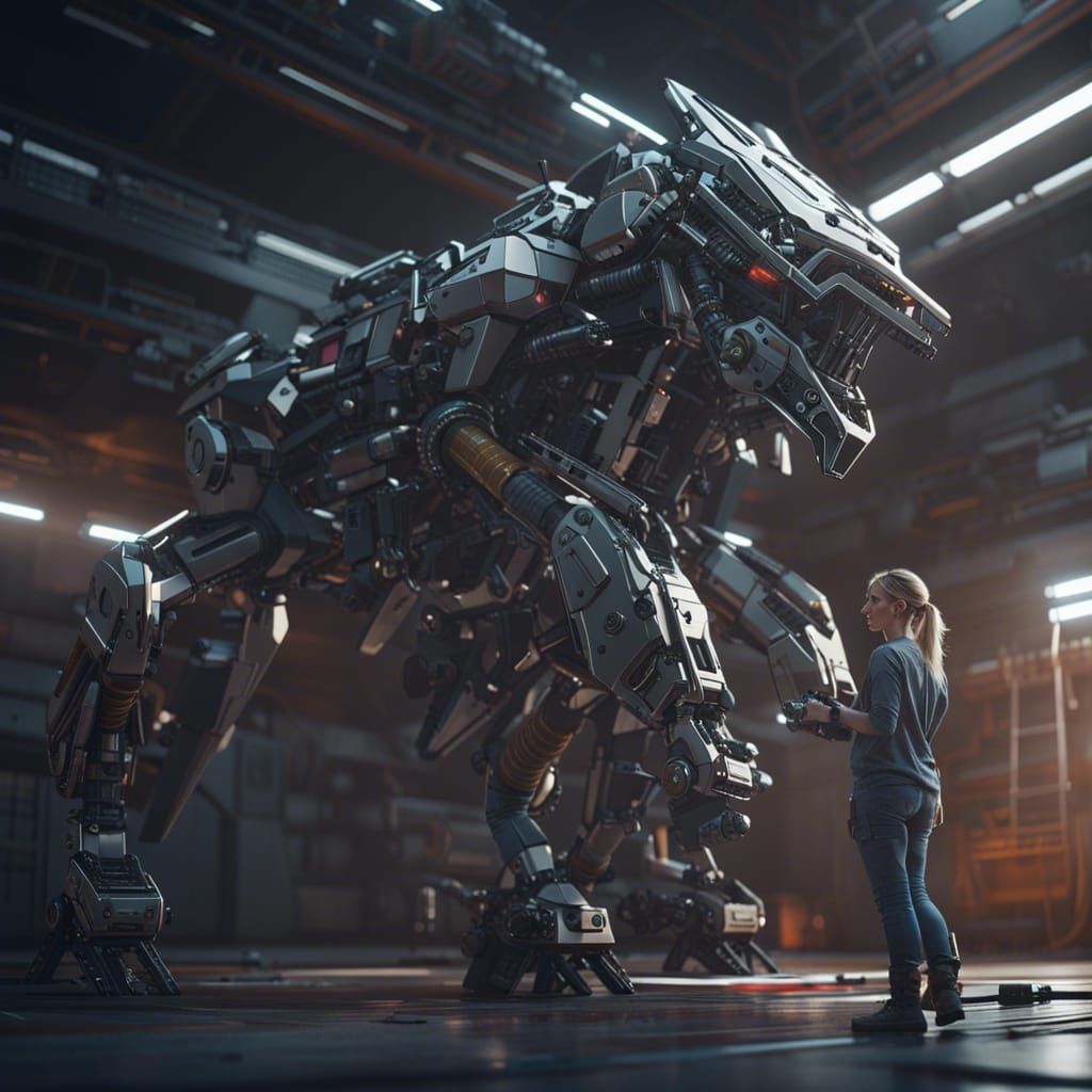 Futuristic Female Mechanic Repairing Giant Zoid Robot