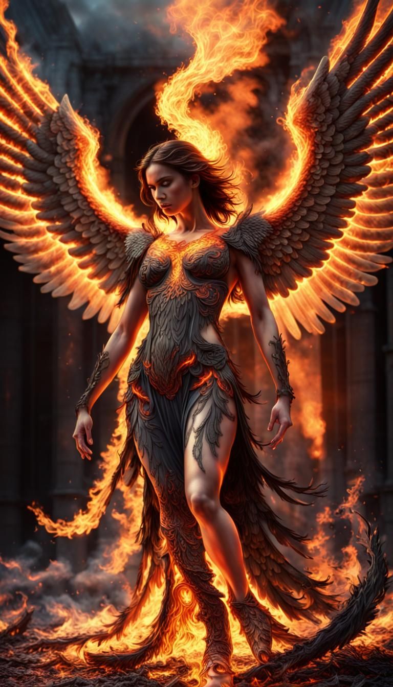Fallen Angel with Fiery Phoenix Wings