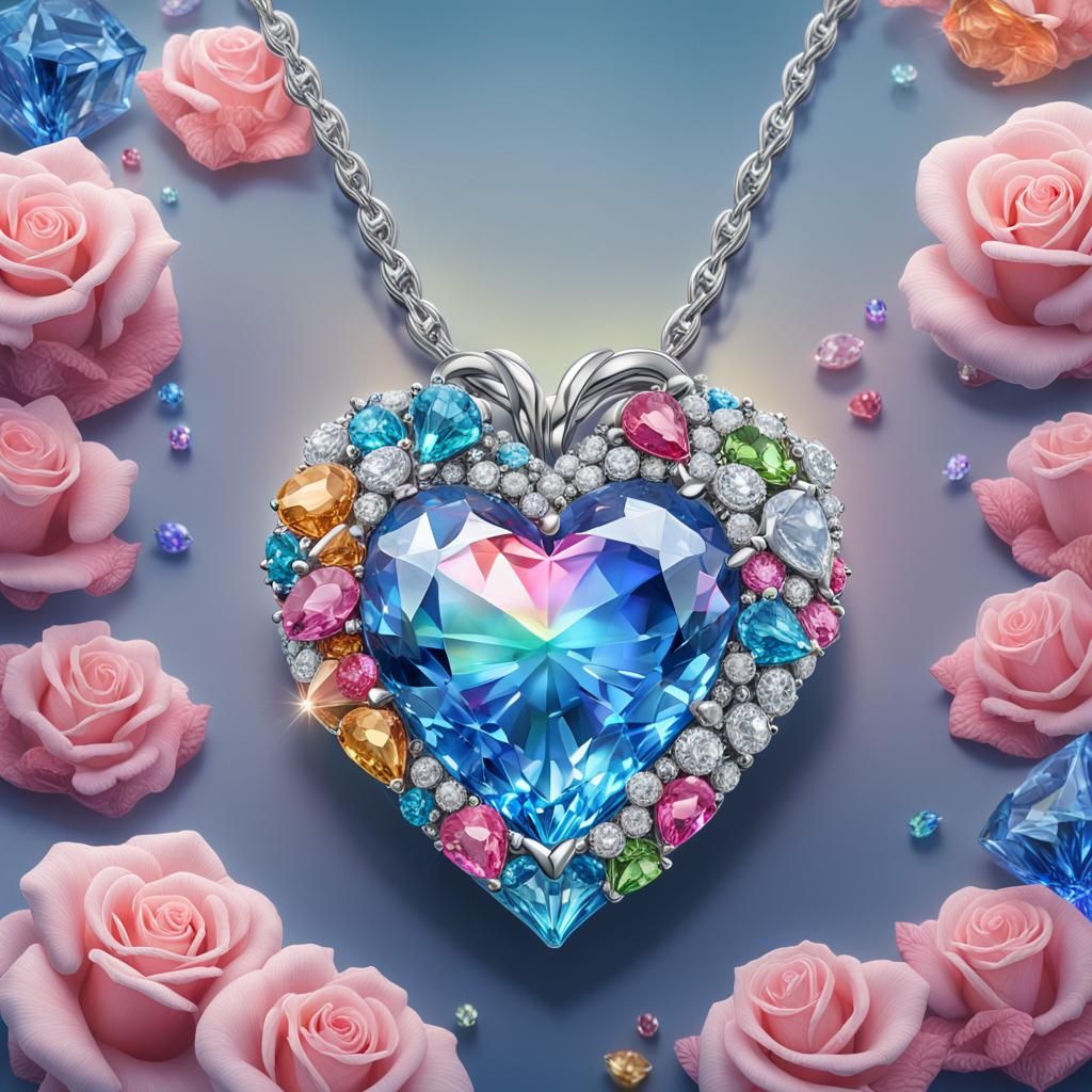 Rainbow Diamond Necklace with Glass Heart Pendant