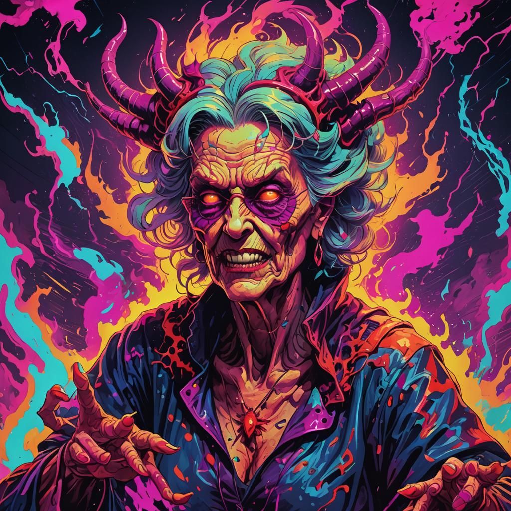 Psychedelic Splash Art of an Old Demon Woman