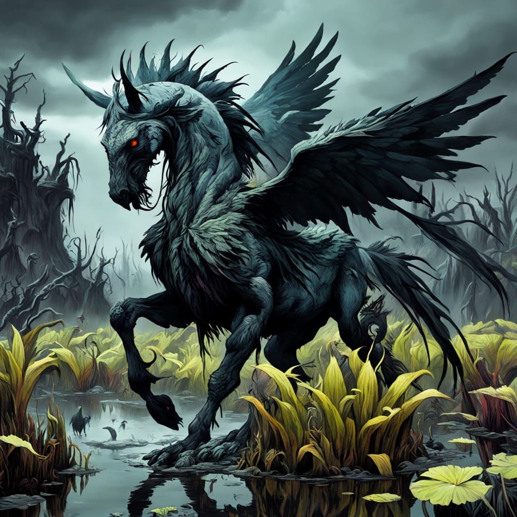 Dark Pegasus in Horrorpunk Swamp Landscape