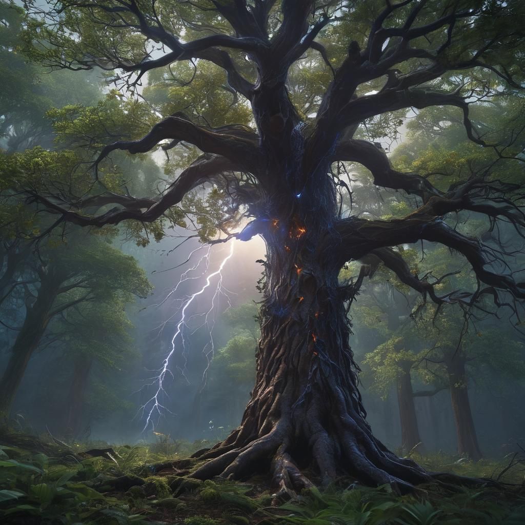 Lightning Strikes Ancient Tree in Mystical Forest