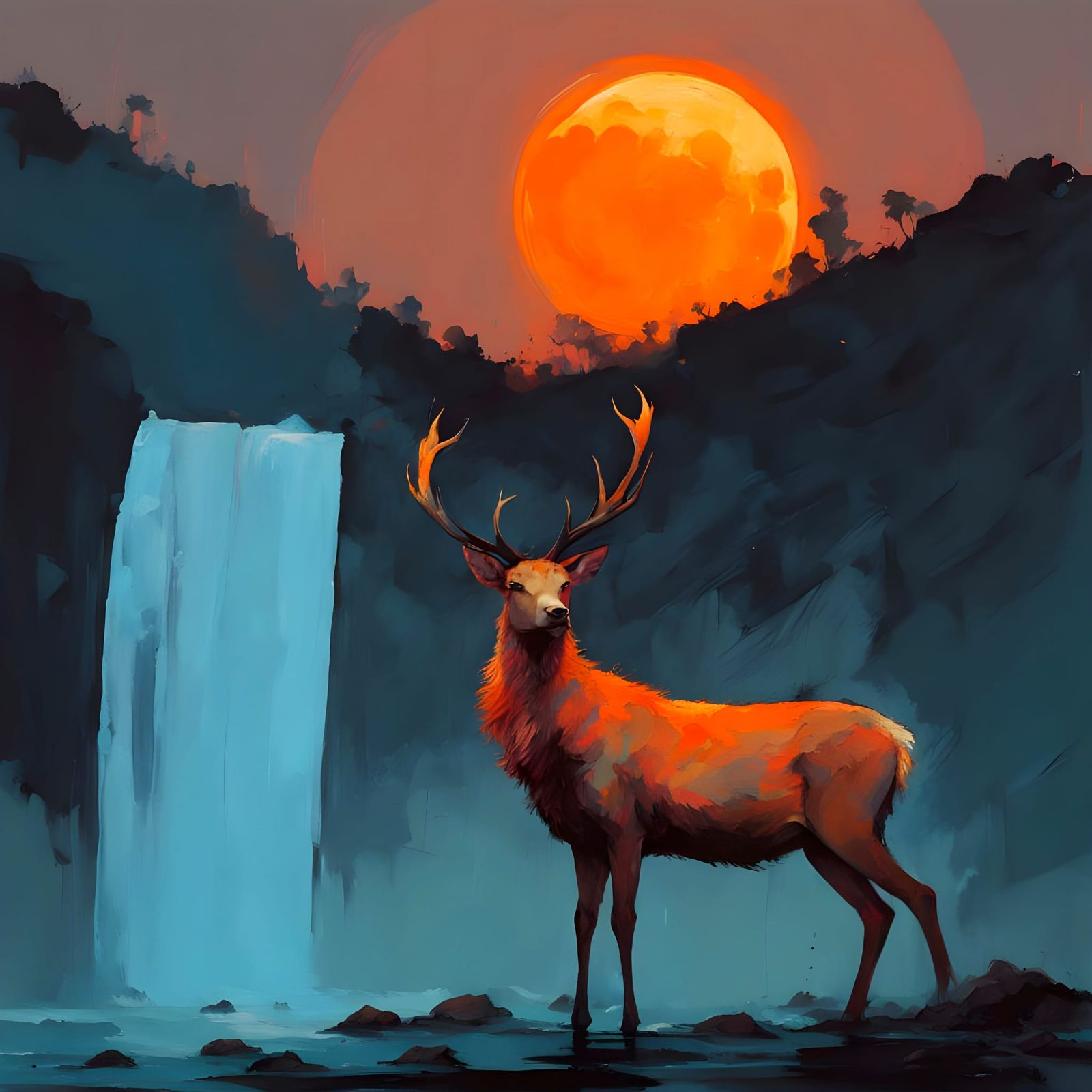 Stag in Dreamlike Moonlit Waterfall Scene in Whimsical Oil P...