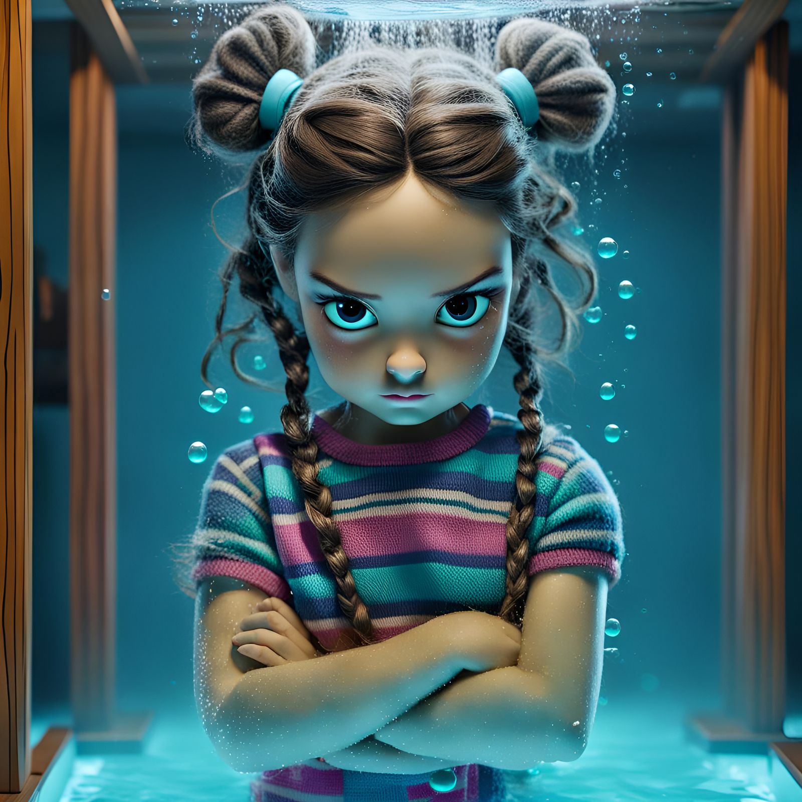 Underwater Portrait of Angry Girl in Graffiti Art Style