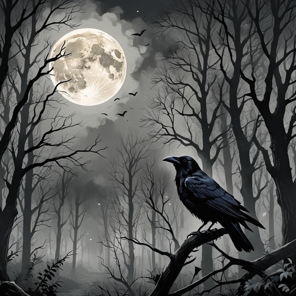 Comic Noir Raven in Misty Moonlit Forest