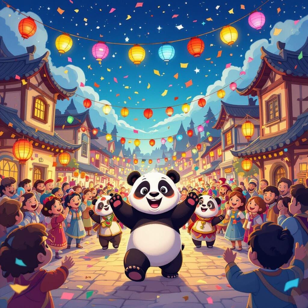 Joyful Panda Leads Parade in Fantastical Village Square
