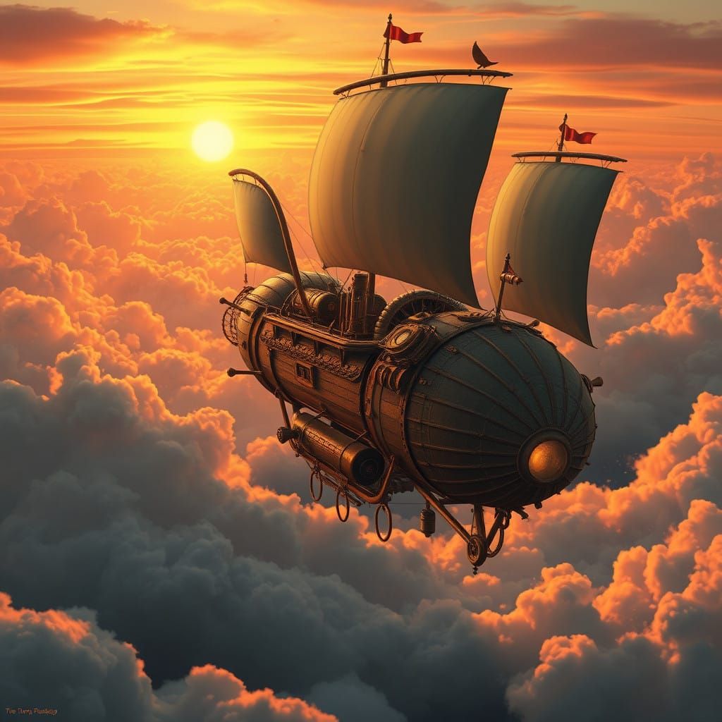 Steampunk Airship Soars in Vibrant Sunrise