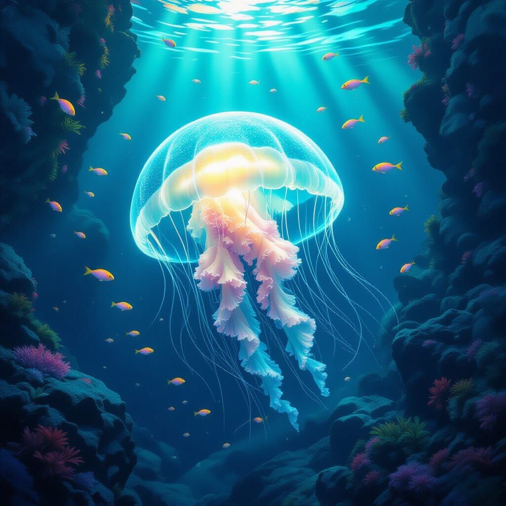 Bioluminescent Jellyfish in Surreal Deep-Sea Landscape