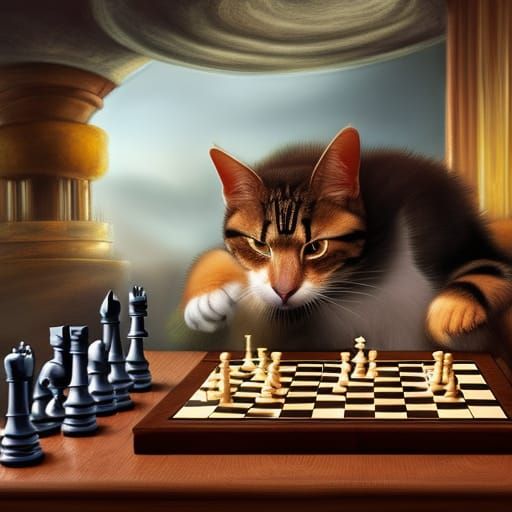 Checkered Cat Plays Chess: Surreal Fantasy Art