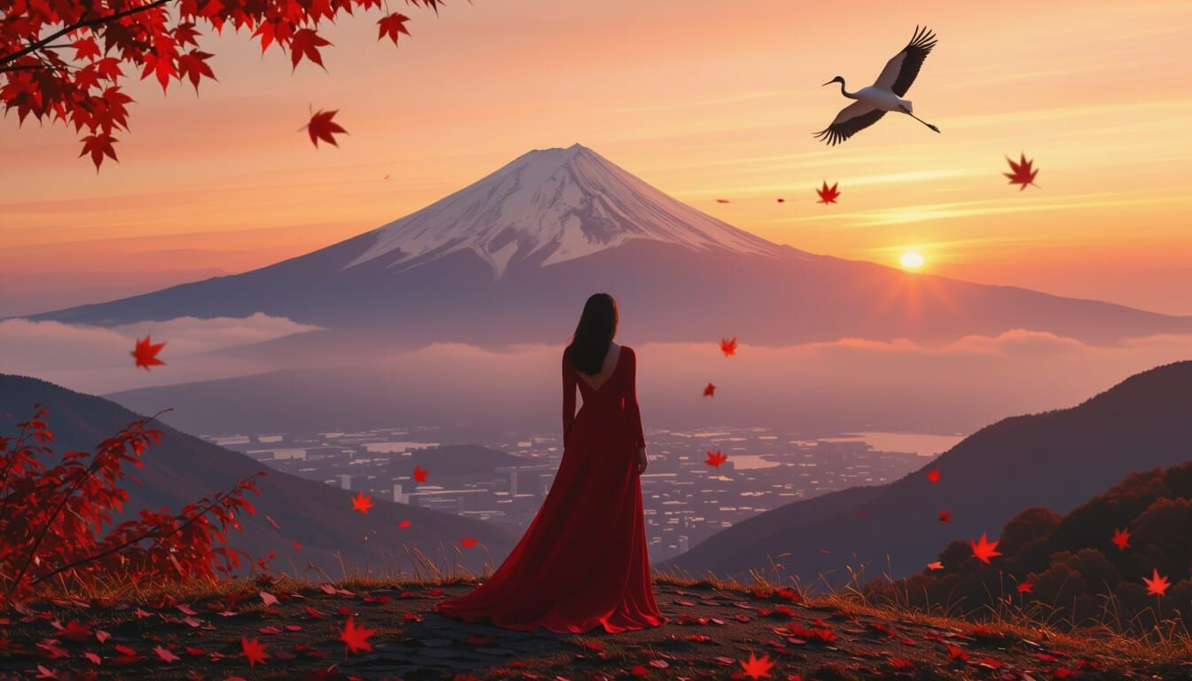 Woman in Red Dress Overlooking Misty Fuji at Crimson Sunset