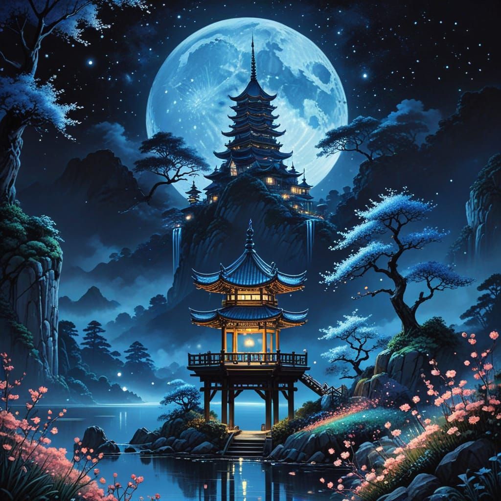 Dreamy Full Moon Night Scene in Detailed Manga Style