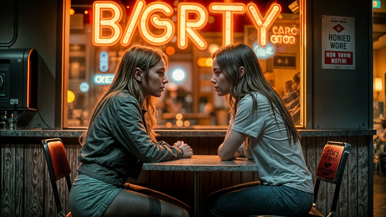 Girls Talking at Bar with Neon Sign