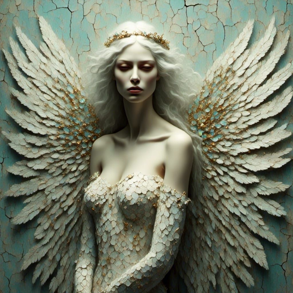Cracked Porcelain Angel: Ethereal Digital Art