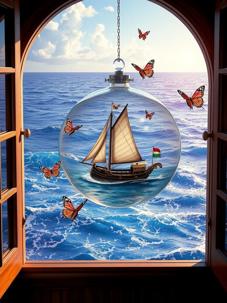 Glass Orb Encapsulates Ornate Sailboat on Tropical Sea