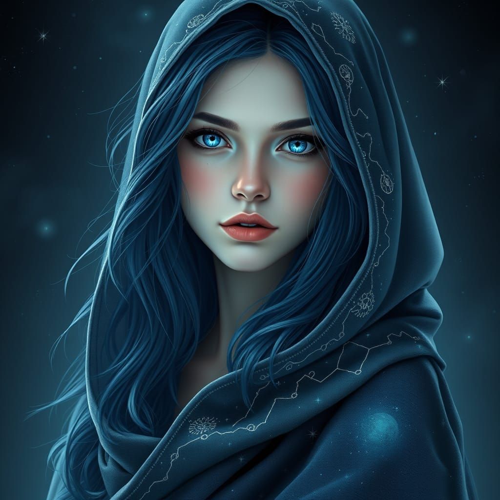Ethereal Woman in Midnight-Blue Hair and Starry Eyes