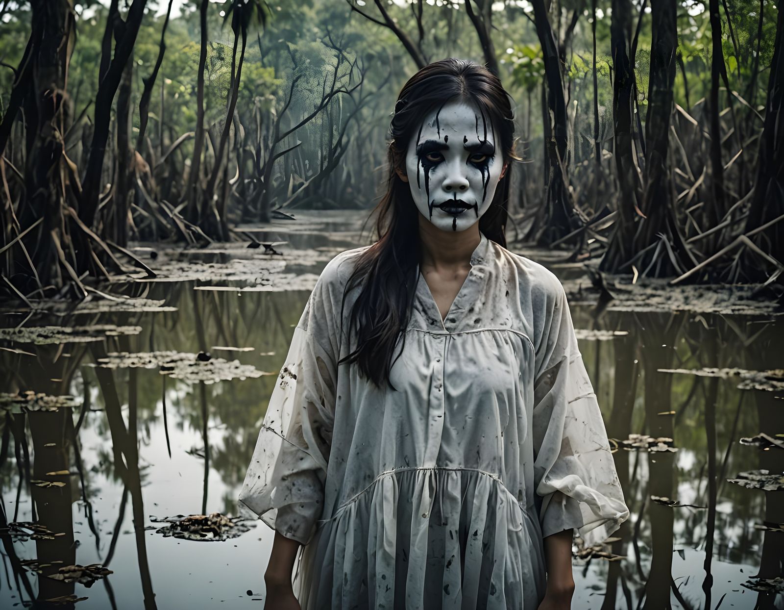Ghostly Asian Woman in Swamp: A Horror Portrait