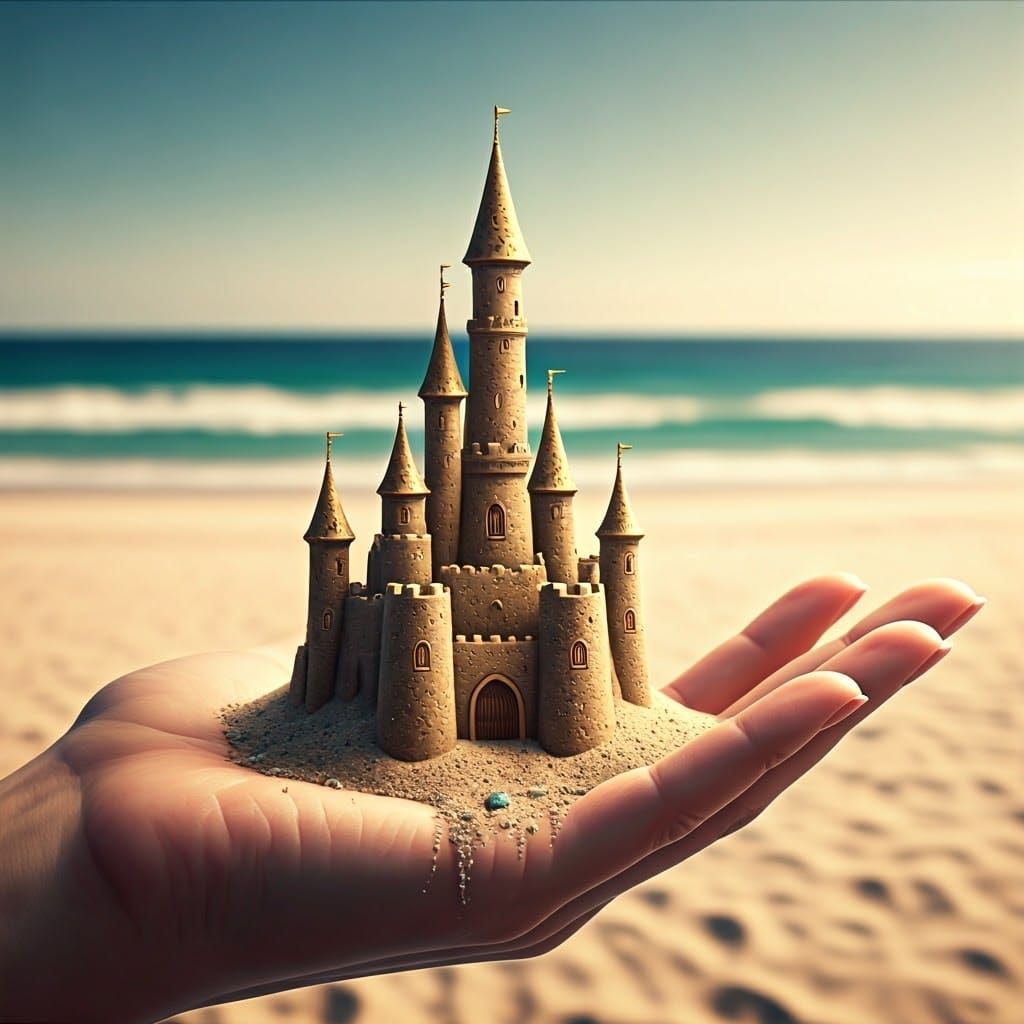 Miniature Sandcastle with Emeralds and Rubies, 3D Render
