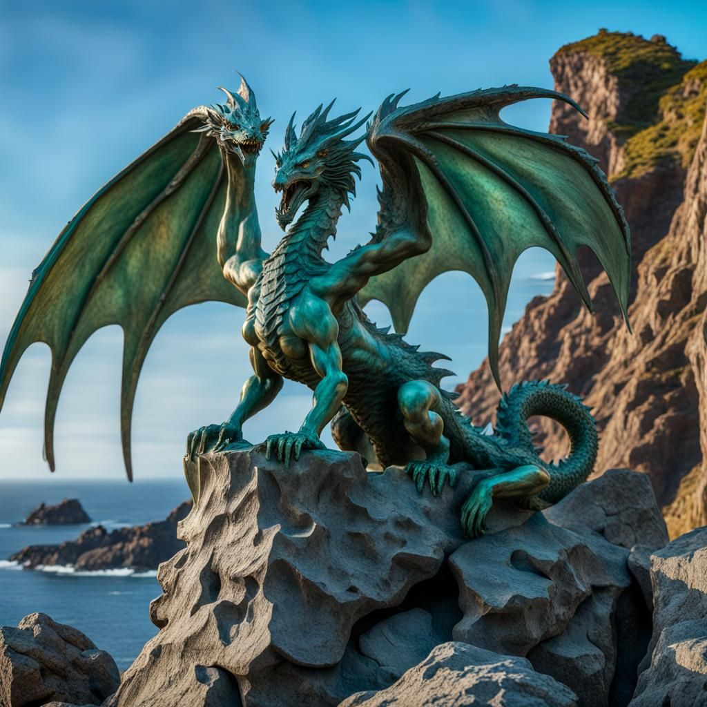 Majestic Bronze Dragon on Lava Rocks, 8K